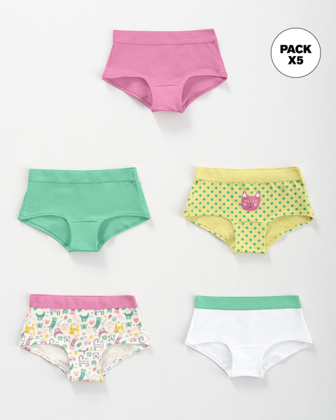 Paquete x 5 panties tipo hipster en algodón suave para niña#color_s29-rosado-verde-blanco-puntos-estampado