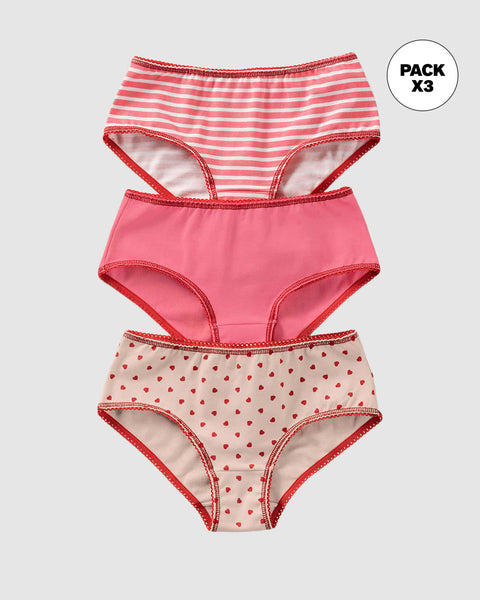 Paquete x 3 panties clásicos en algodón suave para niña#color_s25-corazones-rosado-rayas