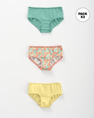 Paquete x 3 panties clásicos en algodón suave para niña#color_s31-coral-estampado-amarillo-verde