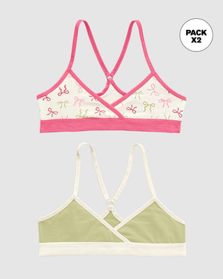 Top principiante con espalda deportiva para niña paquete x 2#color_s07-marfil-estampado-moñitos-verde-claro