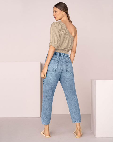 Jean slouchy con elástico en cintura#color_141-indigo-claro