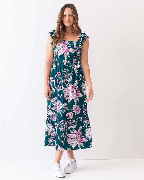Vestido largo estampado con bolero en mangas#color_012-verde-estampado-rosado