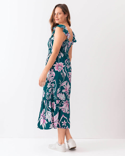 Vestido largo estampado con bolero en mangas#color_012-verde-estampado-rosado