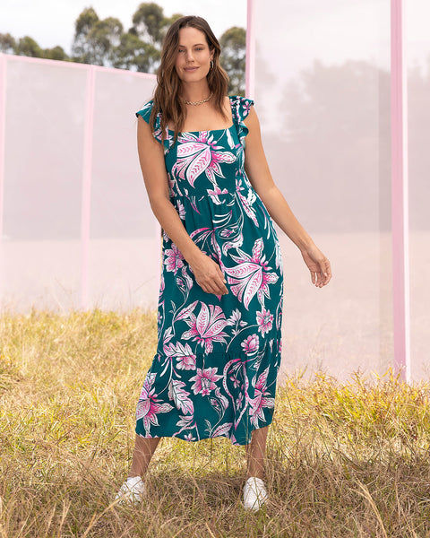 Vestido largo estampado con bolero en mangas#color_012-verde-estampado-rosado