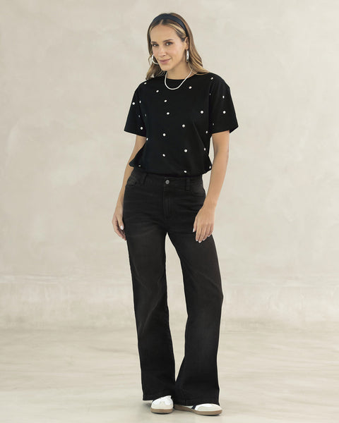 Camiseta manga corta con detalles con brillo#color_701-negro