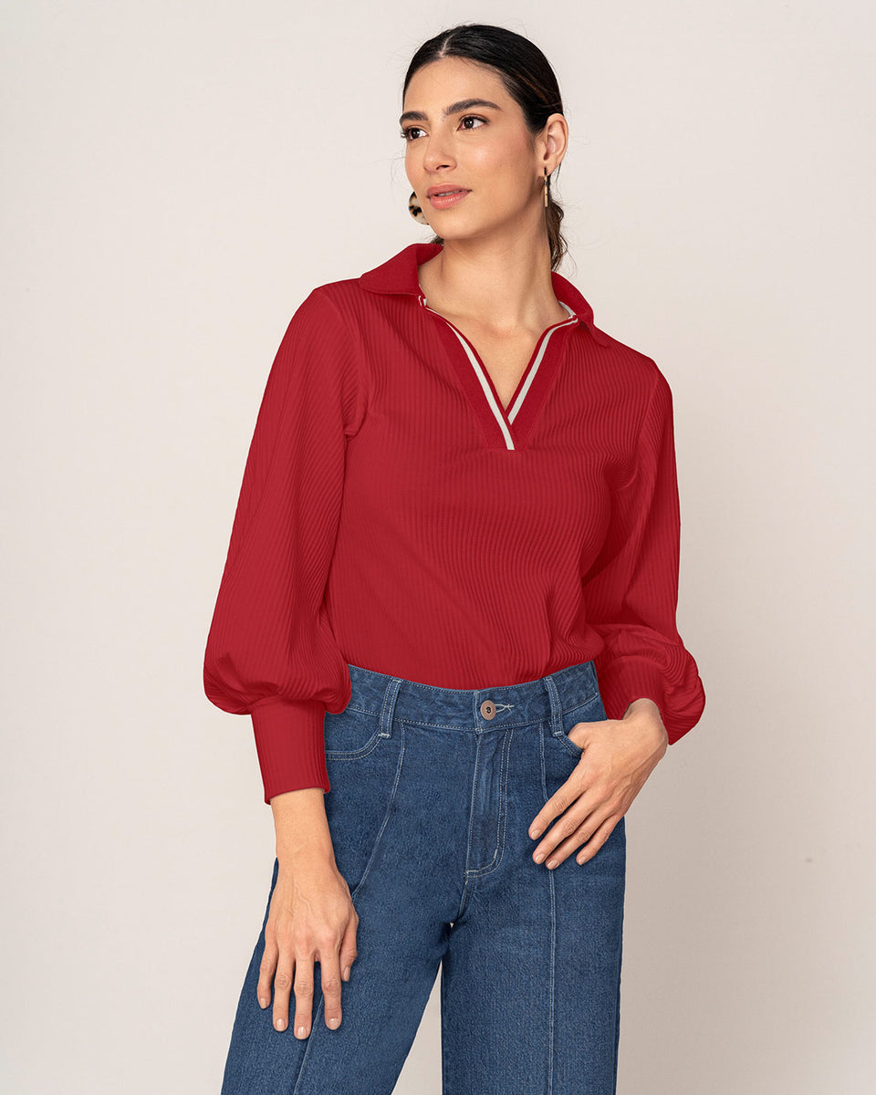 Camiseta manga larga con cuello tejido y tela acanalada