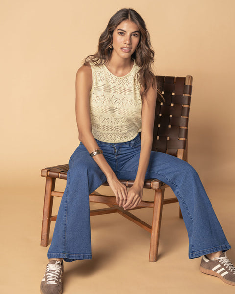 Camiseta manga sisa en tejido tipo crochet#color_084-arena