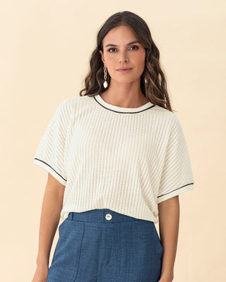 Camiseta manga corta cuello y puños tejidos#color_018-marfil