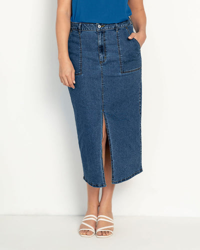 Falda larga en denim con abertura en frente#color_141-azul-medio