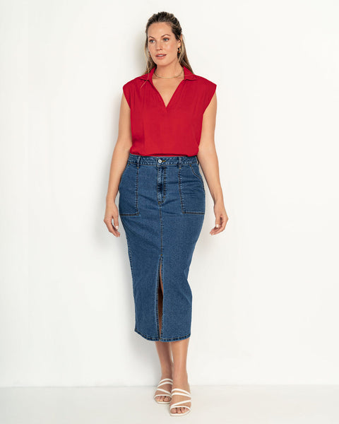 Falda larga en denim con abertura en frente#color_141-azul-medio