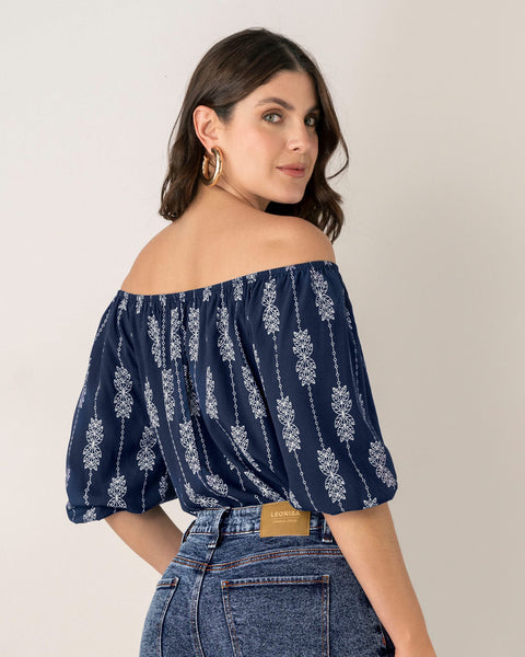 Blusa campesina manga 3/4 con efecto volumen#color_145-estampado