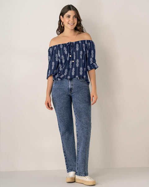 Blusa campesina manga 3/4 con efecto volumen#color_145-estampado