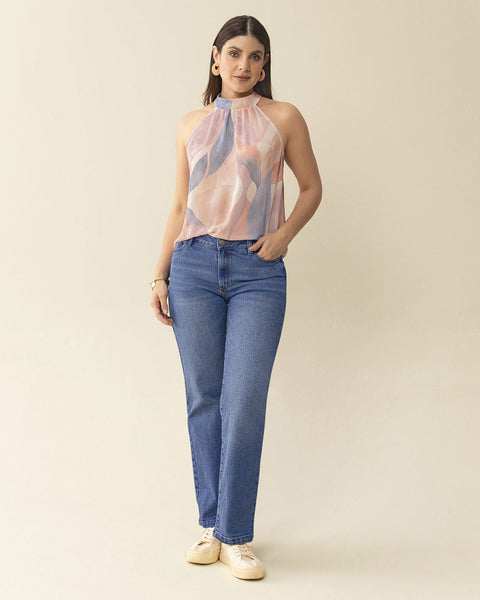 Camiseta estampada cuello alto con un toque de transparencia#color_145-estampado-mandarina-azul