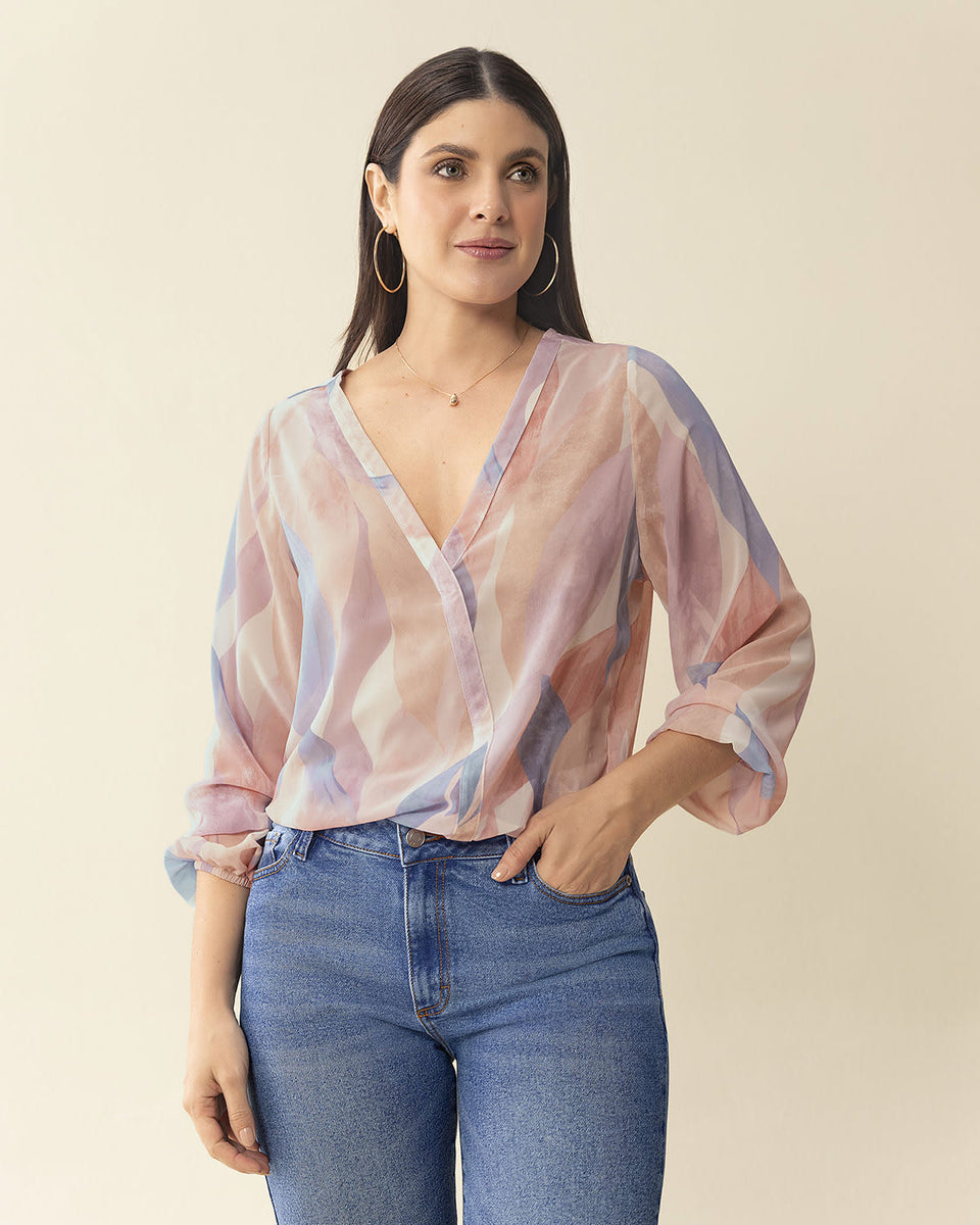 Blusa manga larga estampada con elástico en puños