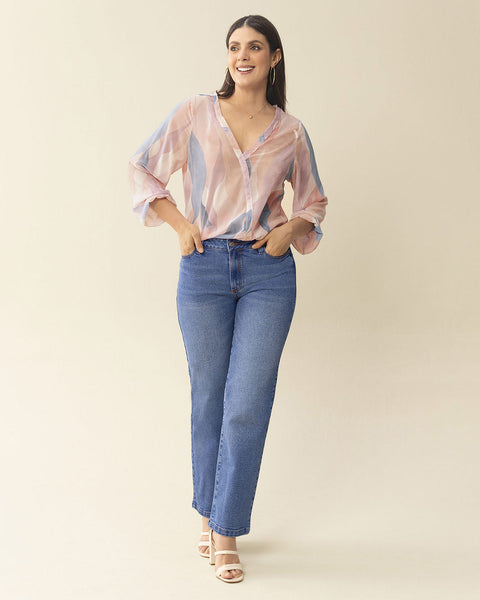 Blusa manga larga estampada con elástico en puños#color_145-estampado-mandarina-azul