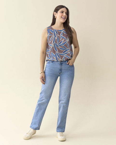 Blusa manga sisa estampada de cuello redondo alto#color_145-hojas