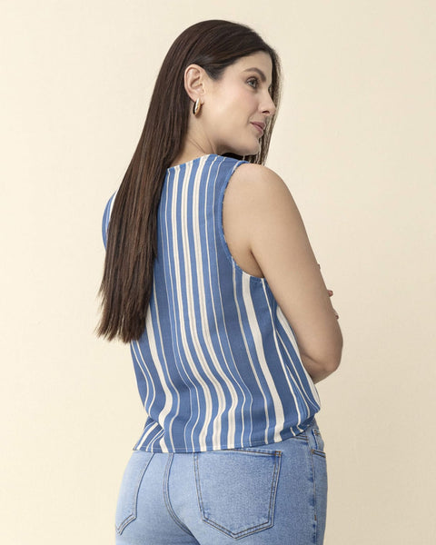 Blusa manga sisa estampada de cuello redondo alto#color_146-rayas