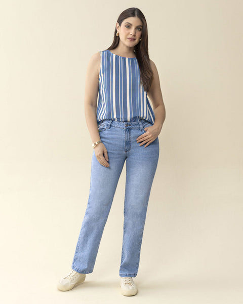 Blusa manga sisa estampada de cuello redondo alto#color_146-rayas