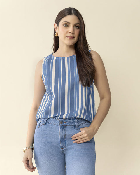 Blusa manga sisa estampada de cuello redondo alto#color_146-rayas