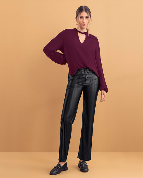 Blusa manga larga con abertura en escote#color_409-uva