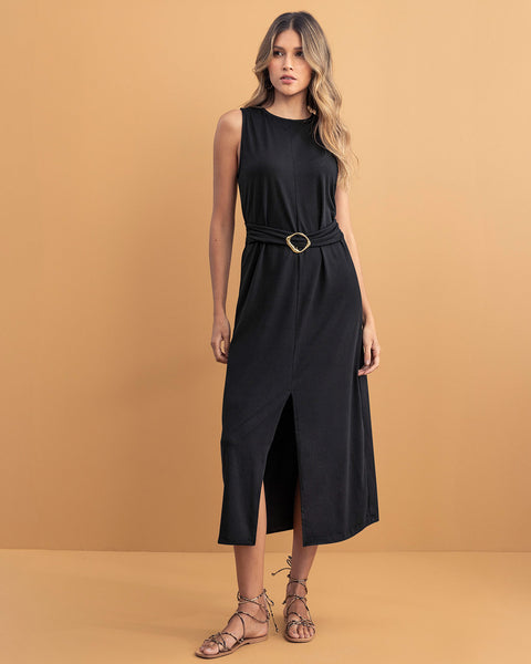 Vestido midi con argolla decorativa y abertura en frente#color_700-negro