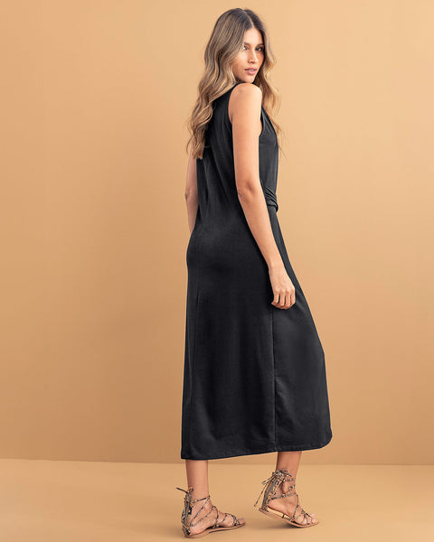 Vestido midi con argolla decorativa y abertura en frente#color_700-negro