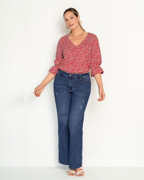Blusa estampada con elástico recogido para mangas tipo globo#color_145-estampado-rojo-margaritas