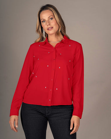 Blusa manga larga con botones funcionales en frente y apliques brillantes#color_c36-rojo