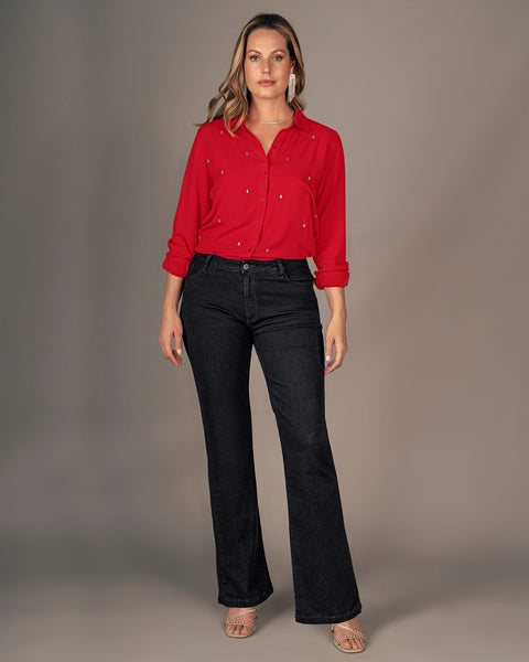 Blusa manga larga con botones funcionales en frente y apliques brillantes#color_c36-rojo