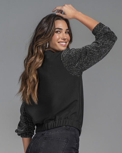 Chaqueta tipo bomber con mangas con brillo#color_700-negro