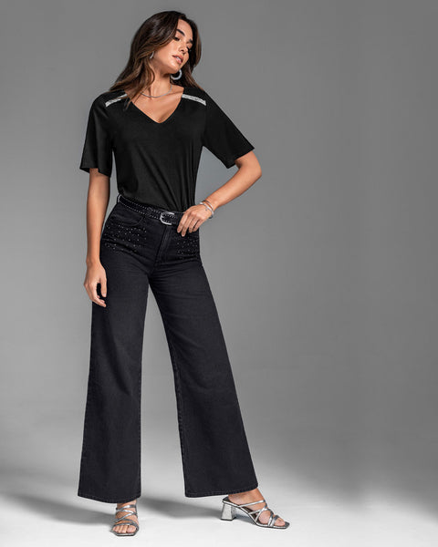 Camiseta con aplique con brillo#color_700-negro