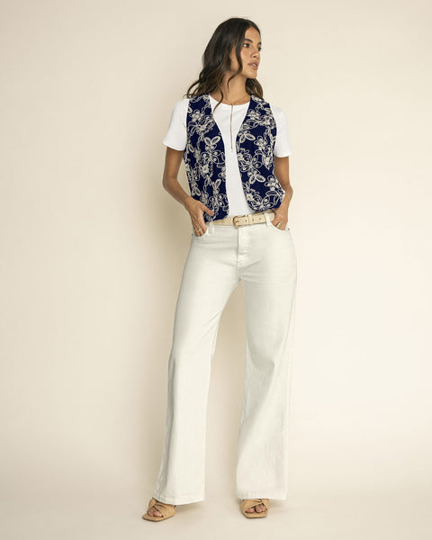 Chaleco manga sisa abierto en tela bordada#color_c42-azul-oscuro