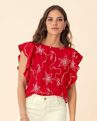 Blusa en tela bordada con bolero en mangas#color_302-rojo