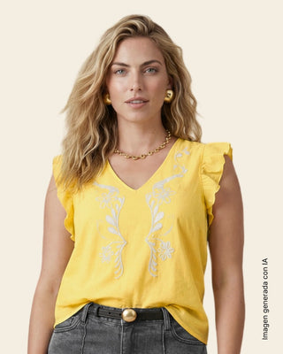 Camiseta de mangas con vuelo y estampado localizado#color_019-amarillo