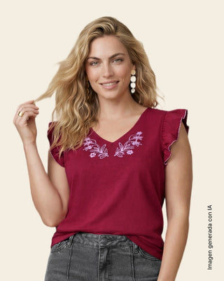 Camiseta de mangas con vuelo y estampado localizado#color_c34-vino