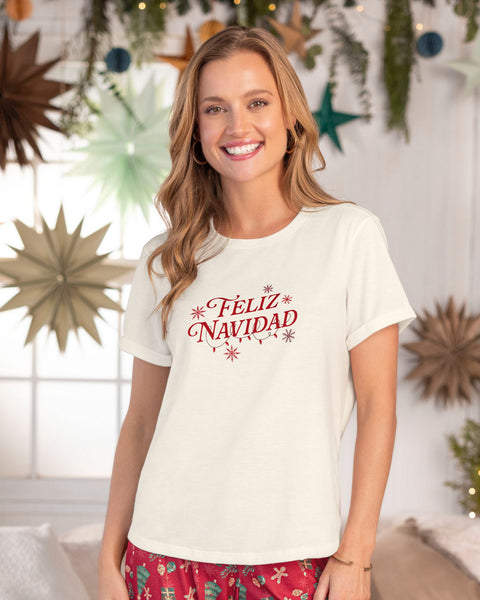 Camiseta manga corta de pijama para mujer con estampado de navidad#color_812-marfil-estampado