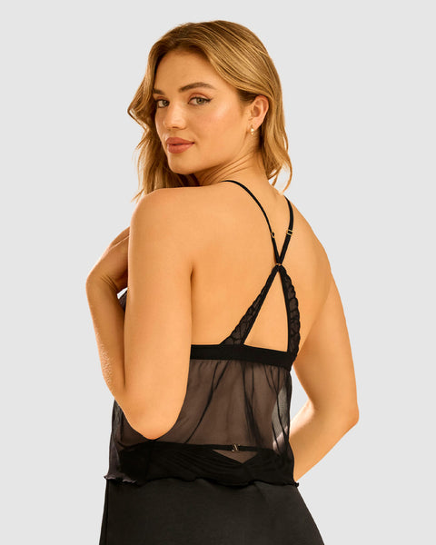 Camiseta de tiritas con copas en mesh y encaje Leonisa by Serez#color_700-negro