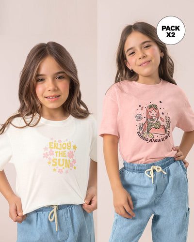 Paquete x2 camisetas manga corta para niña#color_s03-rosado-sirena-y-marfil-flores