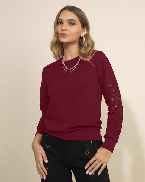 Buzo manga larga con estampado localizado de cuello redondo#color_c34-vino