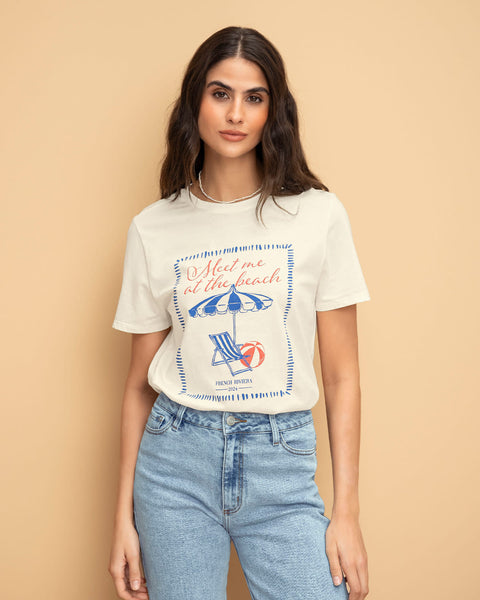 Camiseta en algodón manga corta con estampado localizado#color_165-marfil