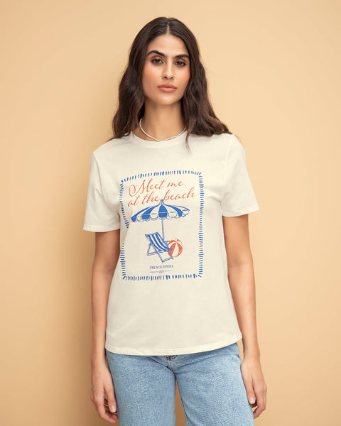 Camiseta en algodón manga corta con estampado localizado#color_165-marfil