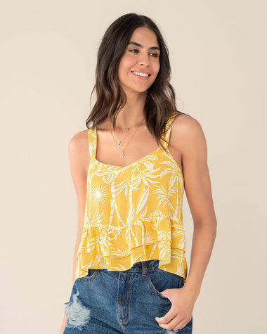 Blusa tiritas con escote en V y boleros en borde#color_952-amarillo-estampado