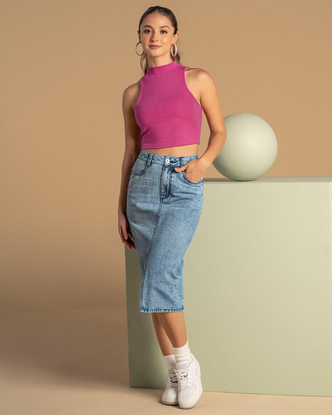 Falda midi con abertura en frente y bolsillos funcionales en frente y posterior#color_141-indigo-claro