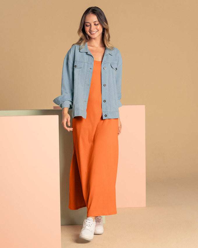 Vestido largo manga sisa con apertura en costado#color_203-naranja