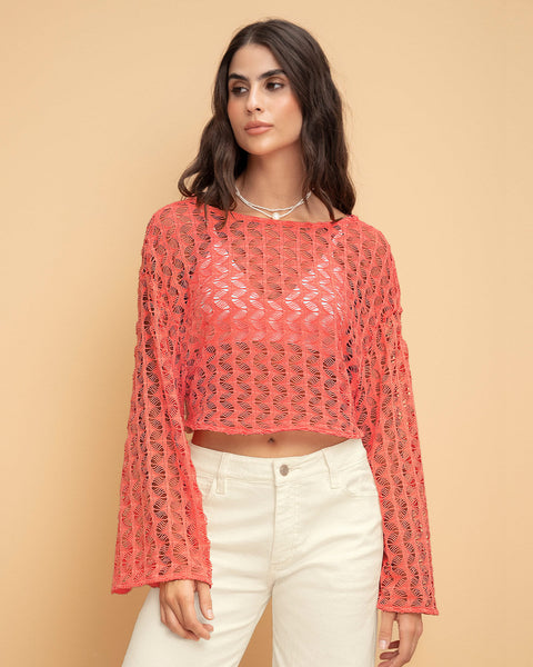 Camiseta crop manga larga con transparencias