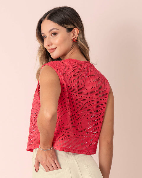 Camiseta crop top manga sisa con transparencia#color_302-rojo
