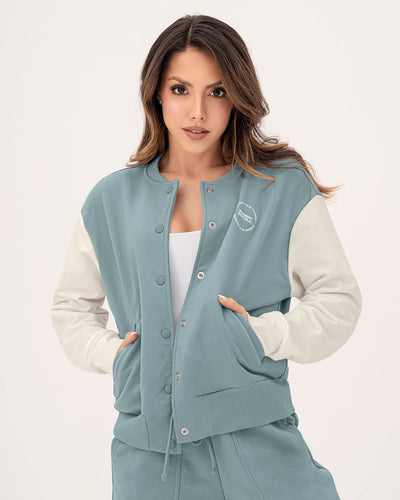 Chaqueta bomber con mangas en contraste Leonisa by Silvy Araujo#color_055-azul