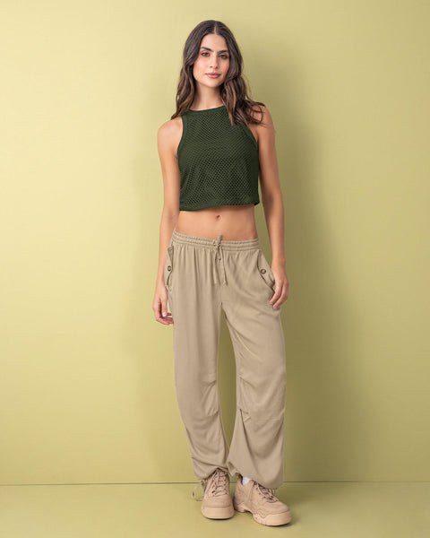 Crop top manga sisa con malla superpuesta#color_198-verde-militar