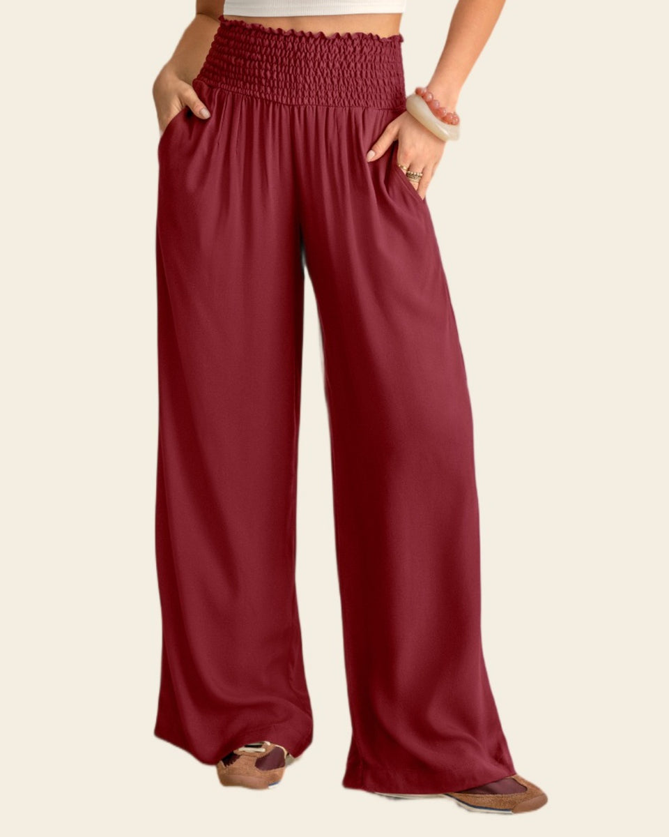 Pantalón bota ancha con nido de abeja en cintura