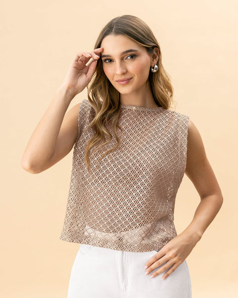 Chaleco manga sisa en tela con brillo#color_084-arena